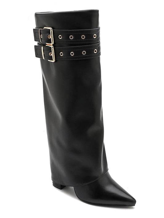 BLACK & BEIGE BUCKLE KNEE-HIGH BOOTS