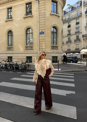 BURGUNDY WIDE-LEG FAUX-LEATHER TROUSERS
