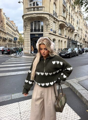 OLIVE GREEN SWEATER WITH WHITE HEARTS