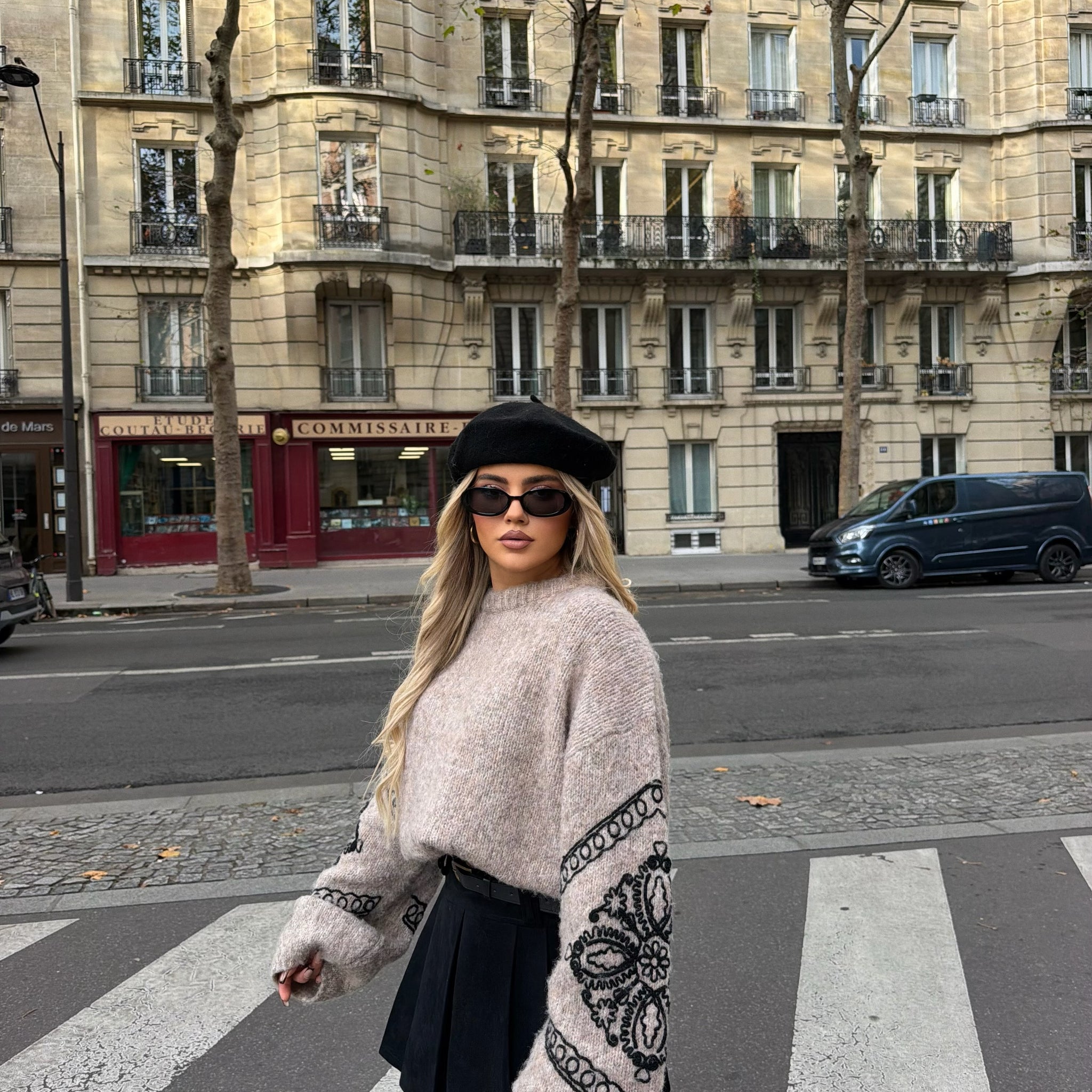 BEIGE SWEATER WITH EMBROIDERED DETAILS