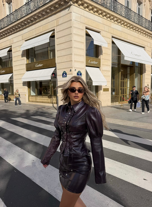 LEATHER JACKET AND MINI SKIRT SET
