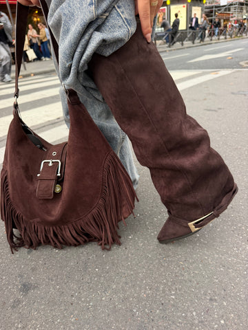 BROWN & GREEN SUEDE FRINGE HOBO BAG