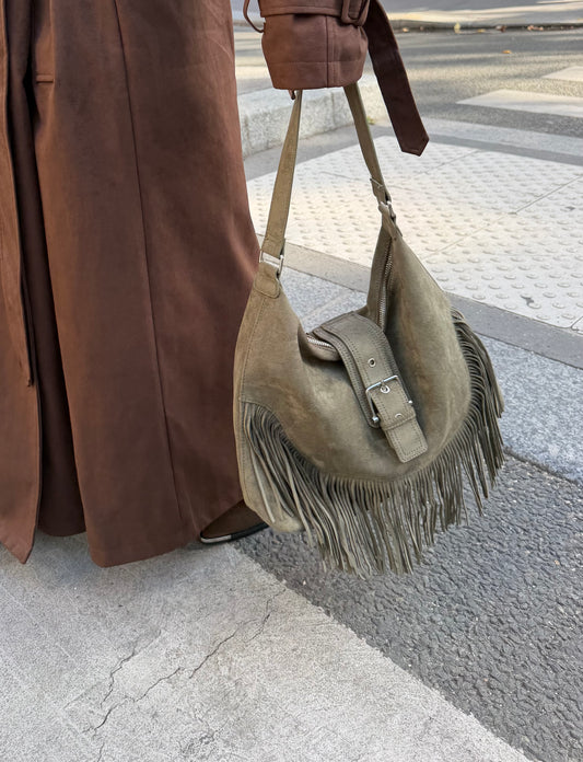 BROWN & GREEN SUEDE FRINGE HOBO BAG
