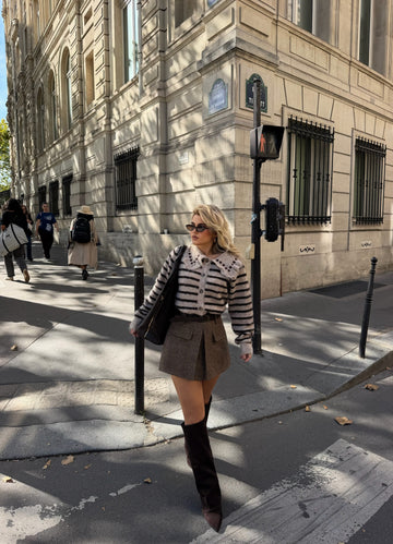 STRIPED STATEMENT CARDIGAN WITH EMBELLISHED COLLAR
