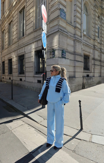 LIGHT BLUE QUARTER-ZIP WIDE-LEG SET