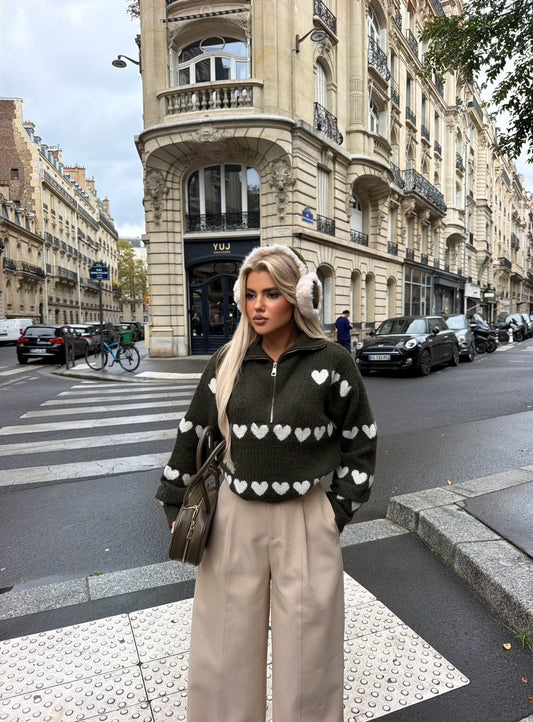 OLIVE GREEN SWEATER WITH WHITE HEARTS