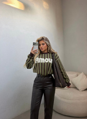 GREEN AND BROWN STRIPED SWEATSHIRT