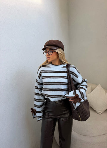 LIGHT BLUE & BROWN STRIPED SWEATER
