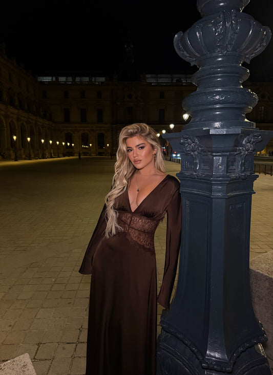 ELEGANT BROWN SATIN DRESS
