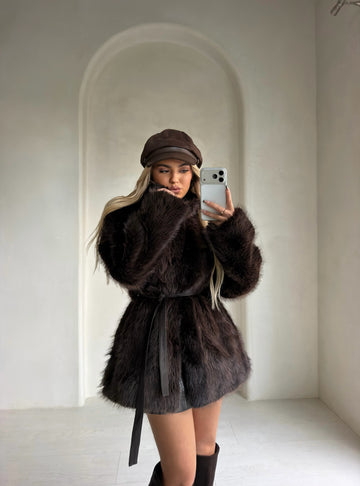 BROWN FUR COAT WITH BELT